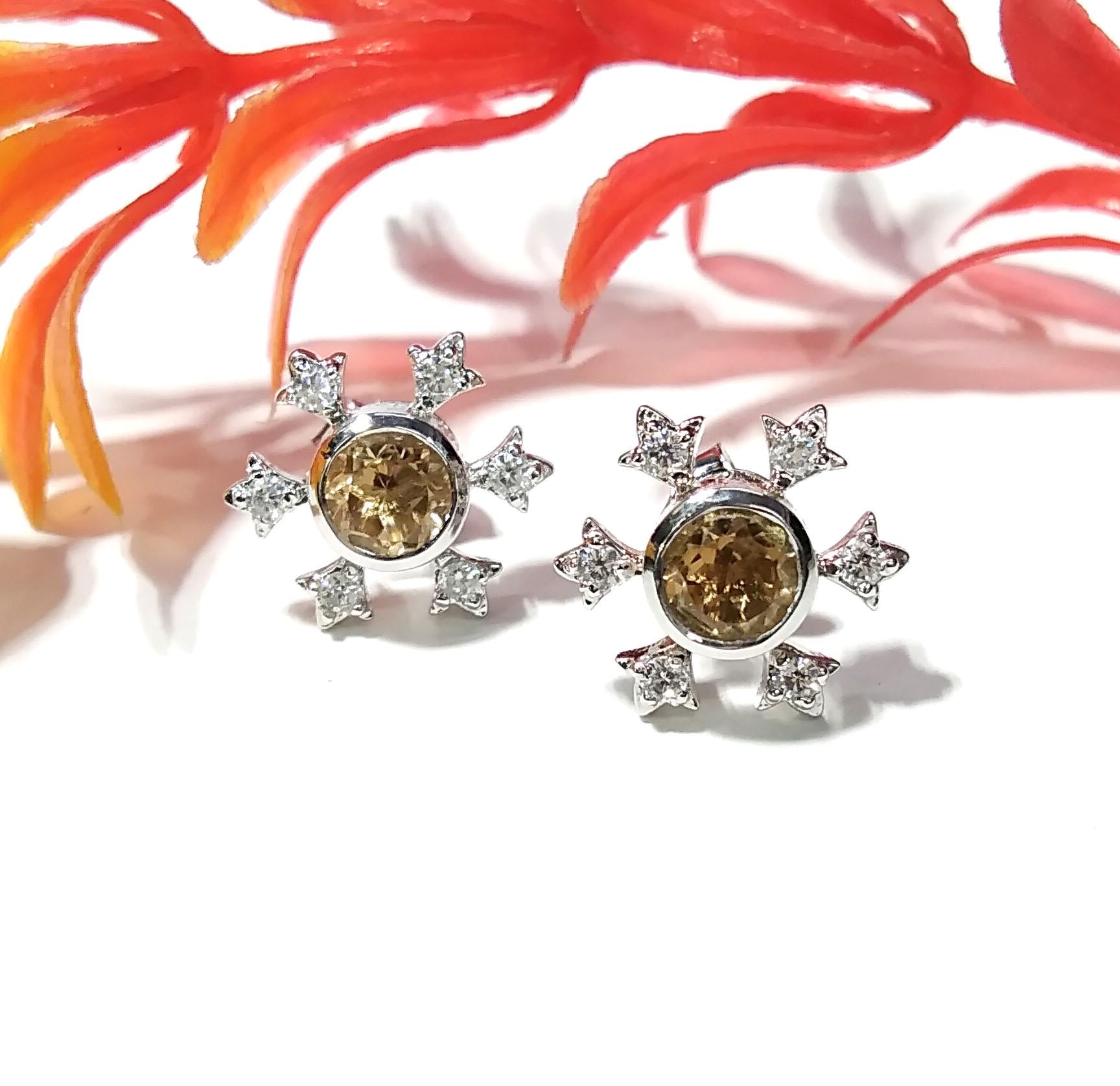 Amazing Design Citrine & White Zircon Stud Earring, 925 Starling Silver Earring, Natural Citrine Gemstone Round Shape Stone Size 5x5mm Studs